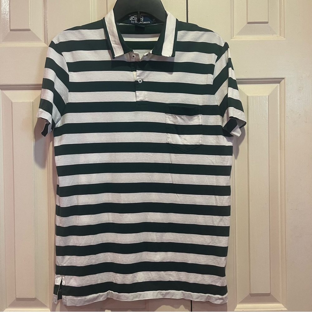 Polo Ralph Lauren Stripe Polo Shirt  Green & White Size M Pocket